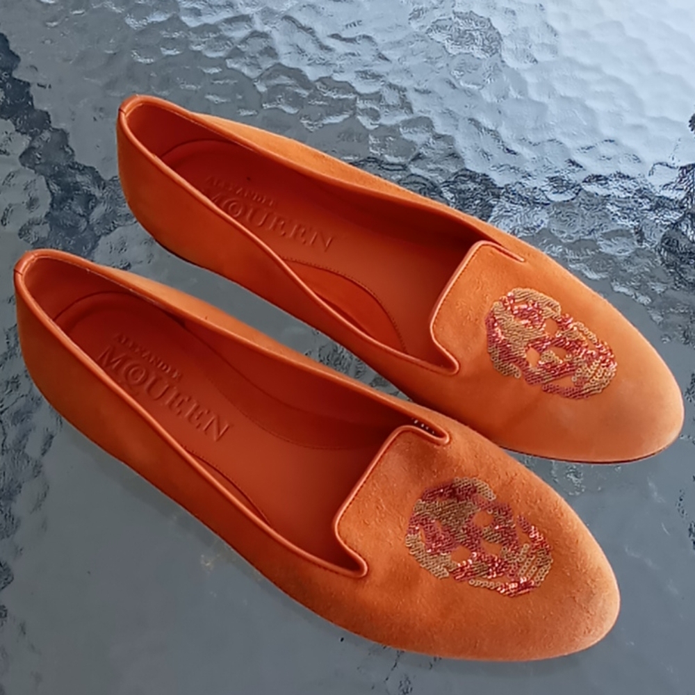 Alexander McQueen Orange Suede Skull Embroidered Flats